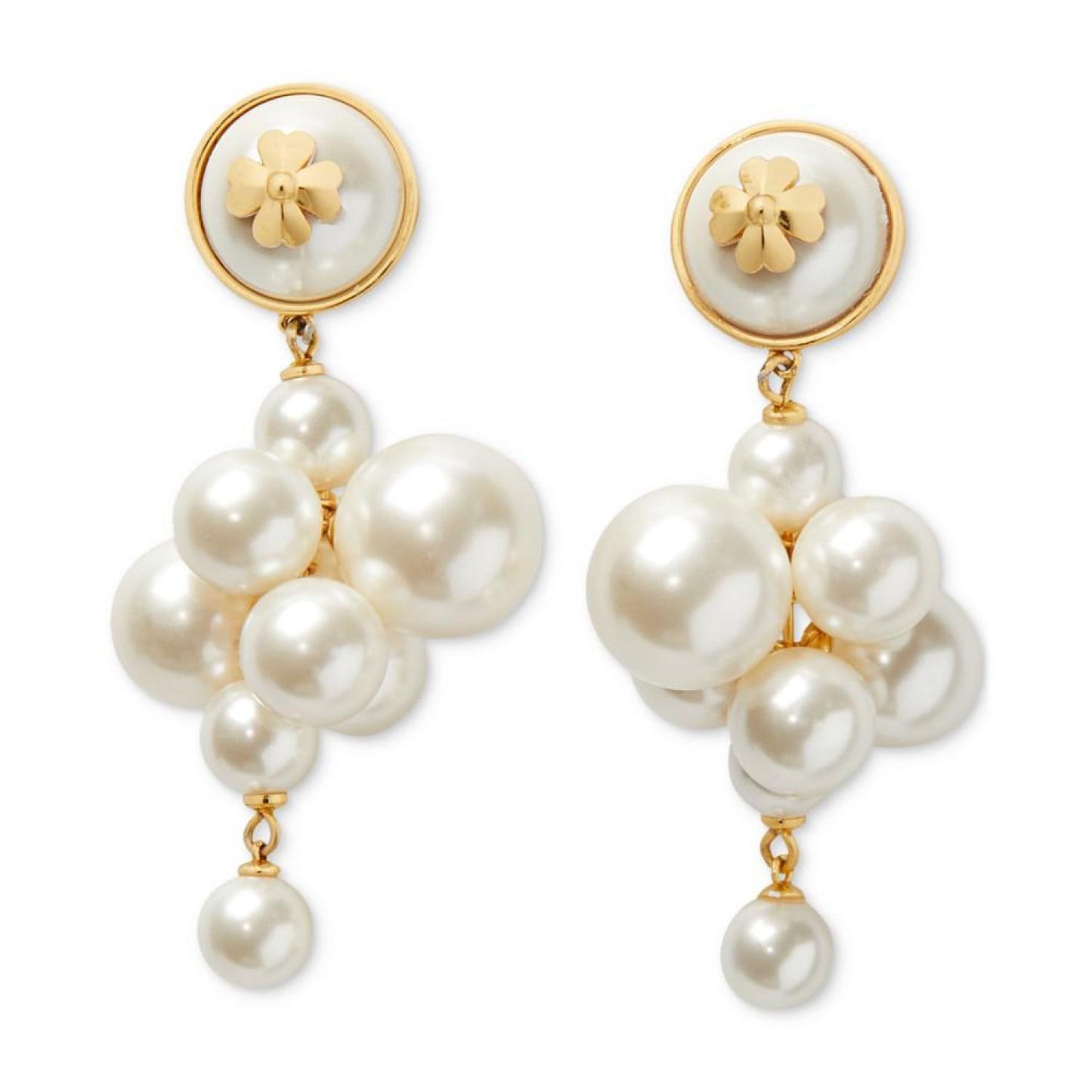 Gold-Tone Spade Flower Emblem Imitation Pearl Cluster Drop Earrings