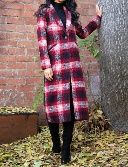 Longline Plaid Coat In Red Plaid