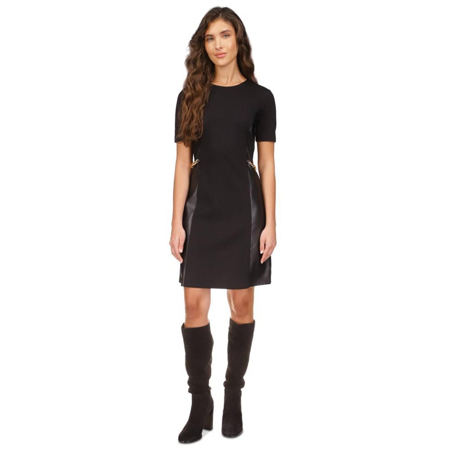 Women's Faux-Leather Mixed-Media Chain Dress, Regular & Petite