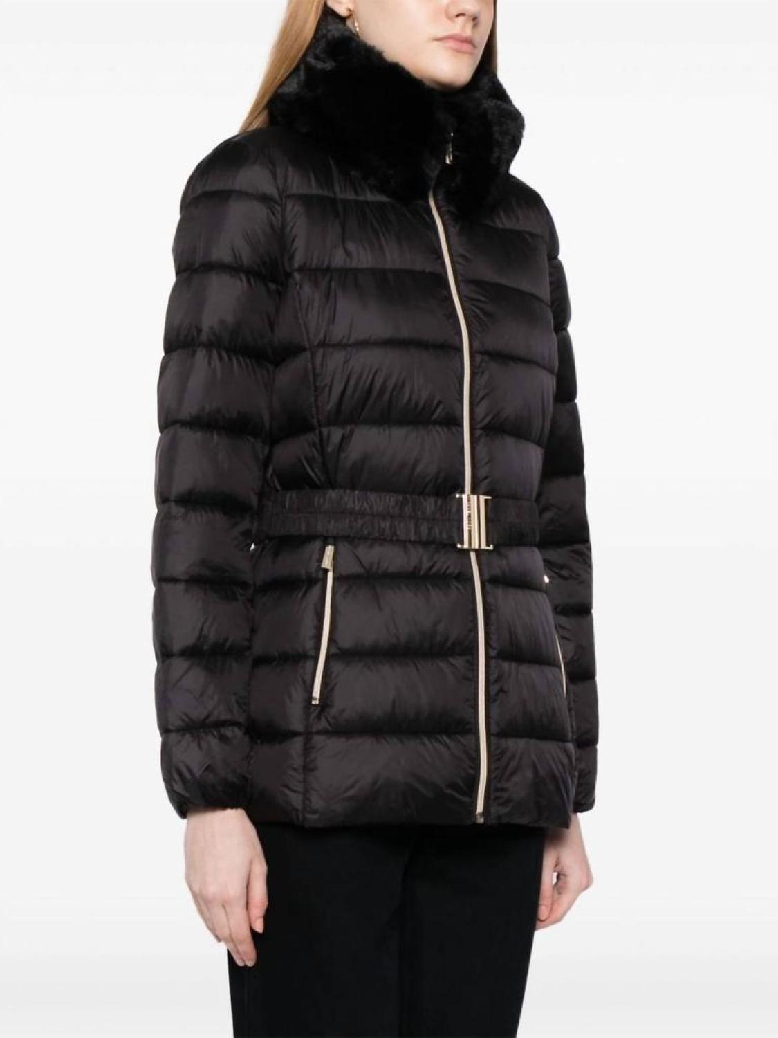 Faux Fur Collar Belted Lightweight Down Puffer Coat In Black