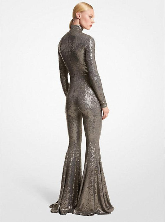 Hand-Embroidered Sequin Stretch Jersey Flared Jumpsuit