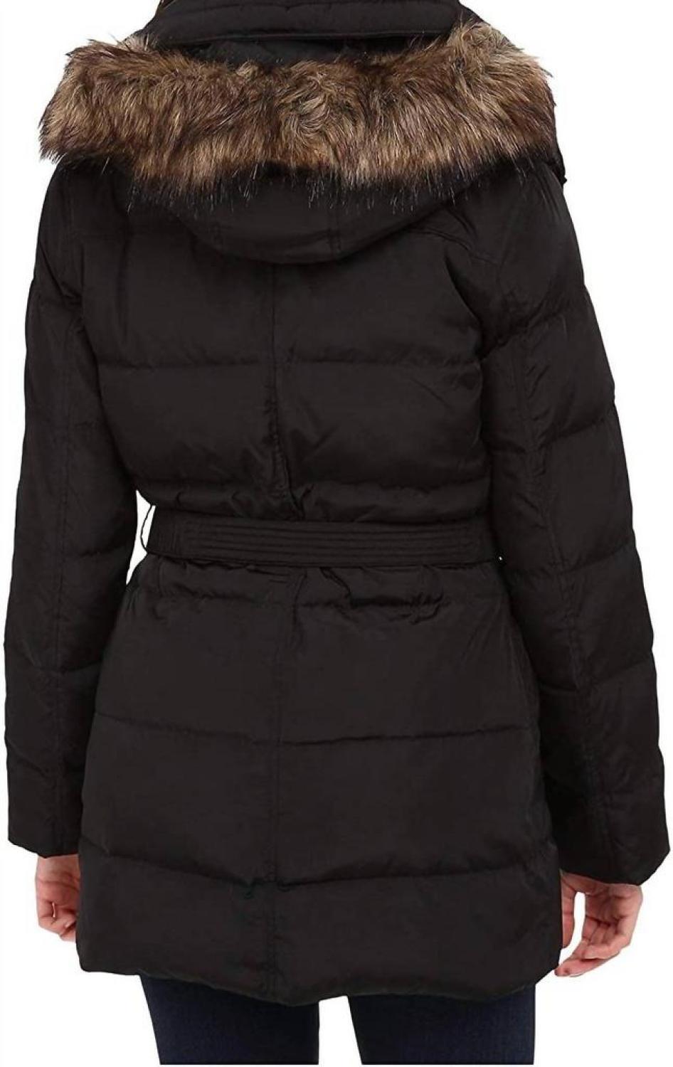 Fur Trim Hooded Down Coat In Black