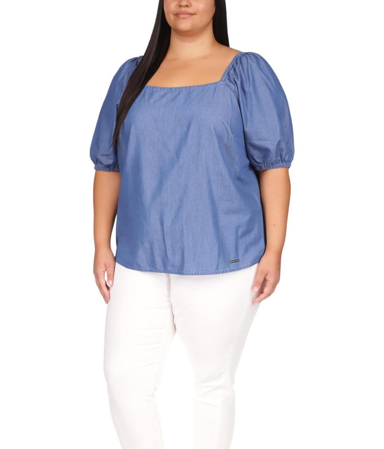 Plus Size Chambray Square Neck Top