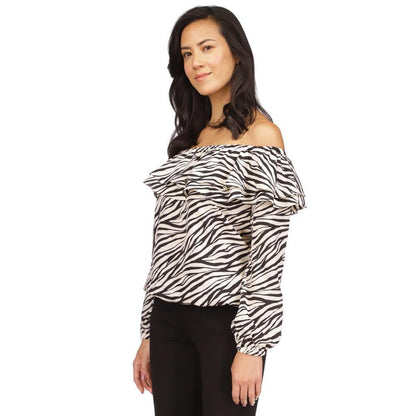 Women's Printed Stadium Ruffled-Overlay Off-The-Shoulder Top, Regular & Petite