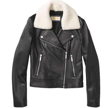 Shearling Collar Leather Jacket In Black