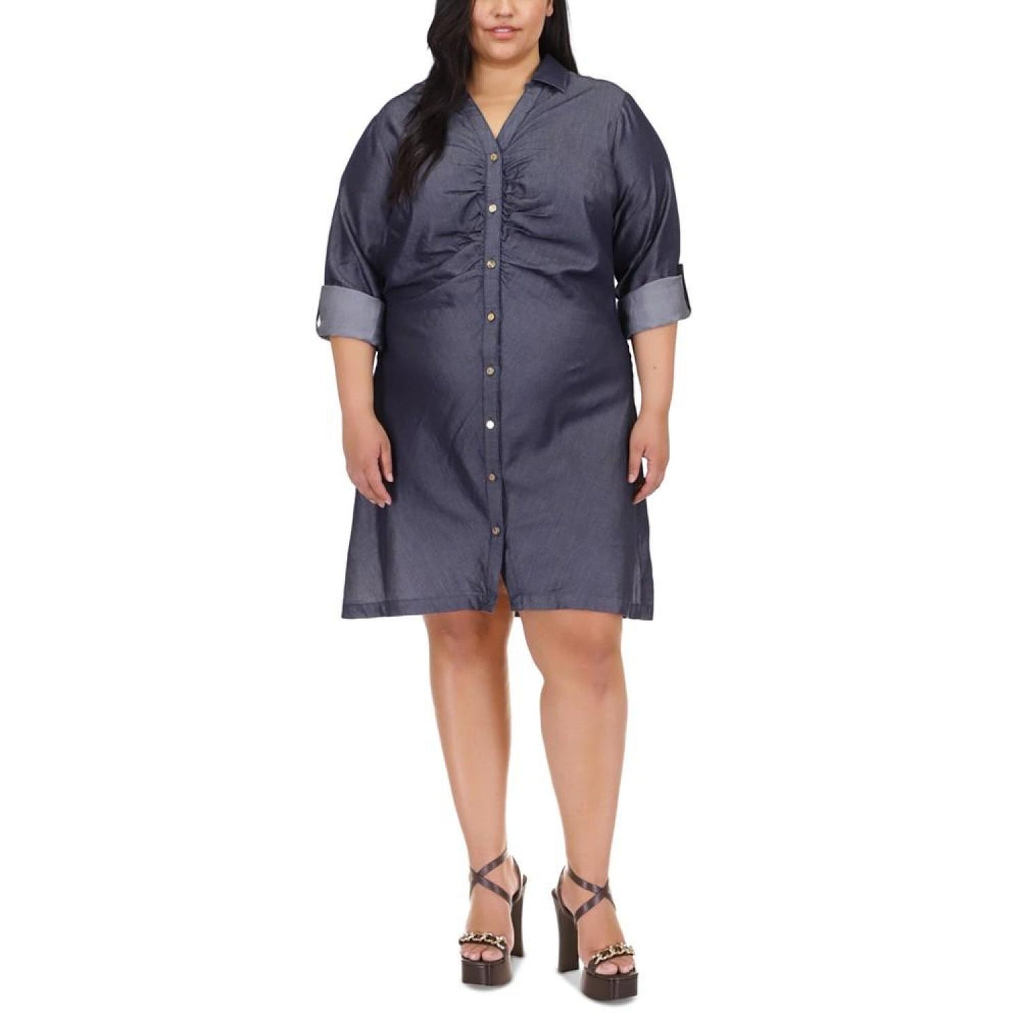 Plus Size Gathered-Front Collared Shirtdress