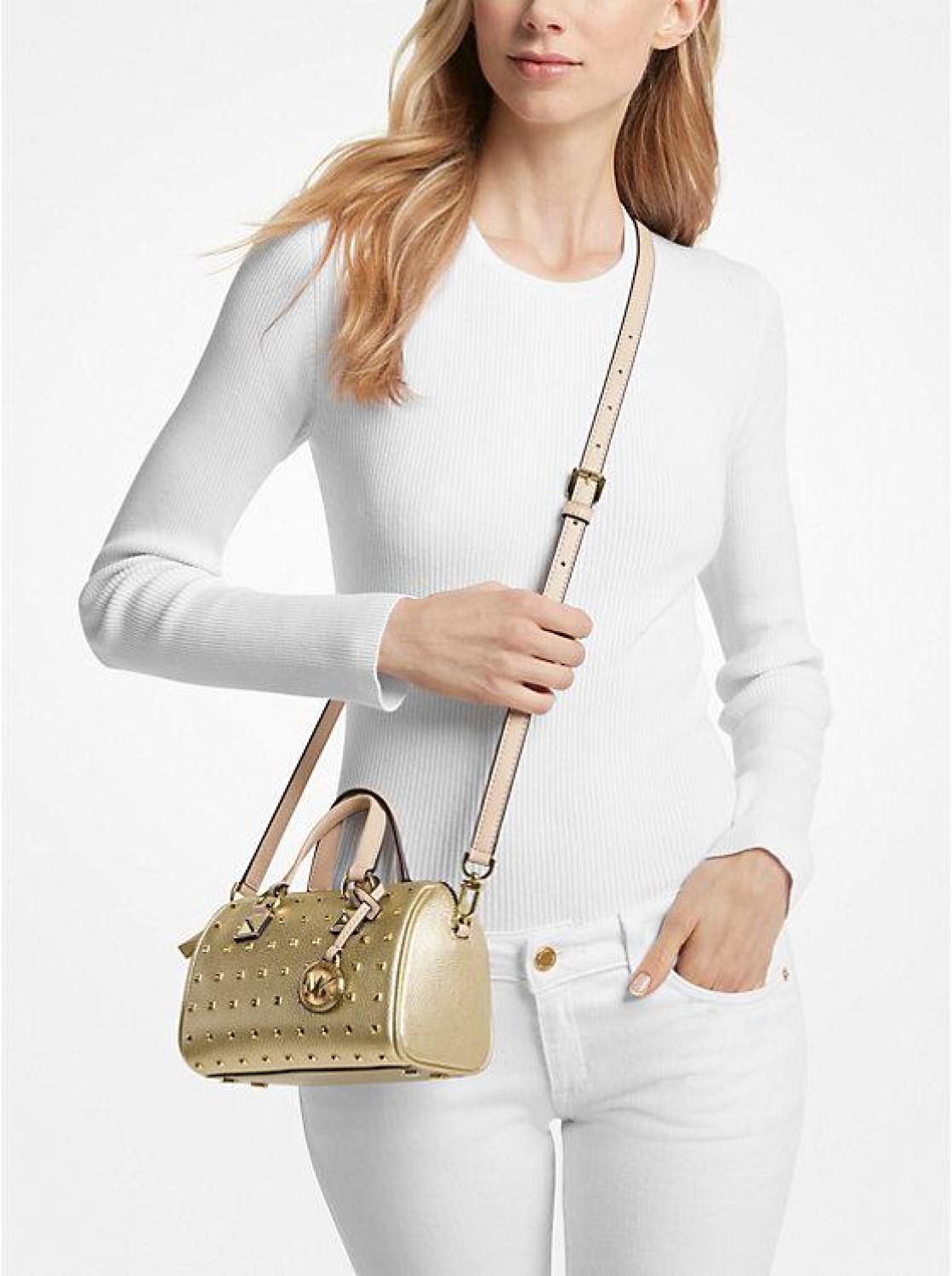 Grayson Small Studded Metallic Leather Duffel Crossbody Bag