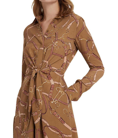 Belting-Print Tie-Front Crepe Shirtdress