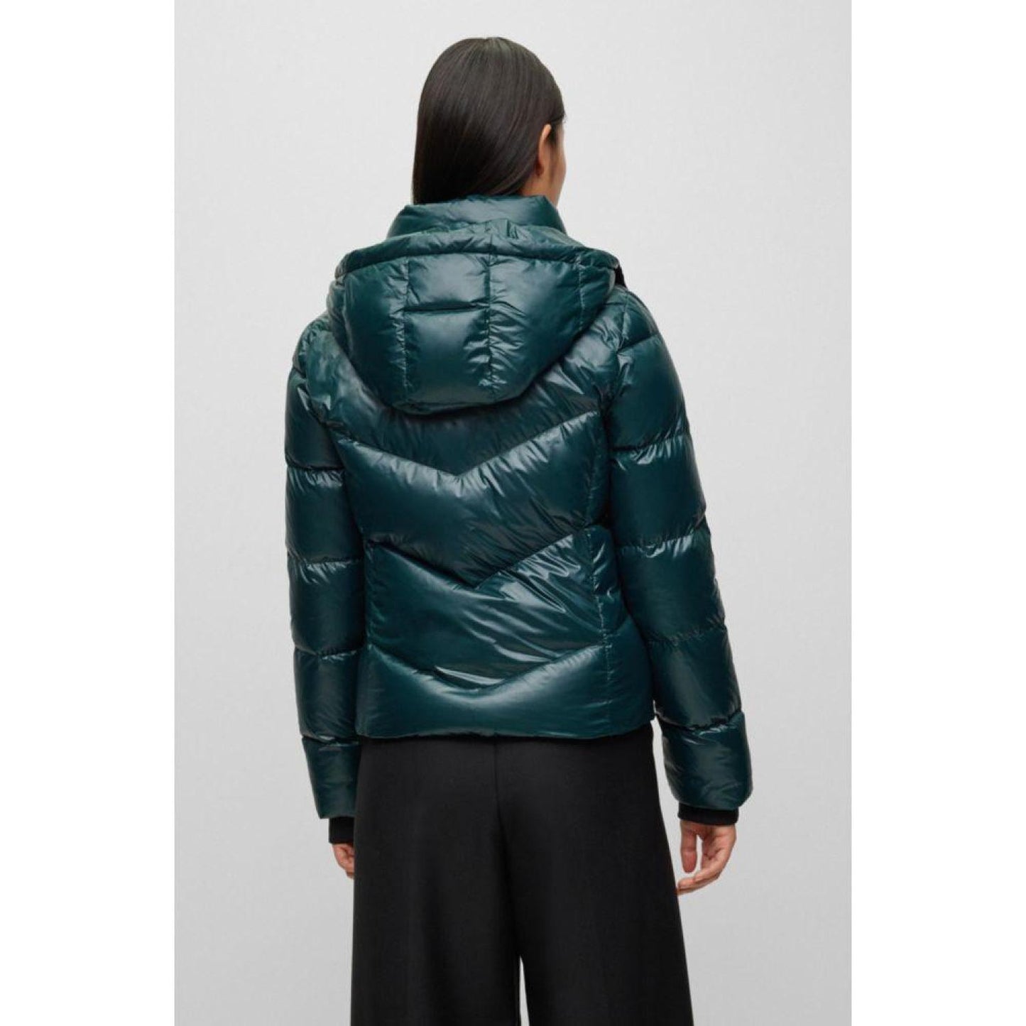 High-shine quilted down jacket with adjustable hood