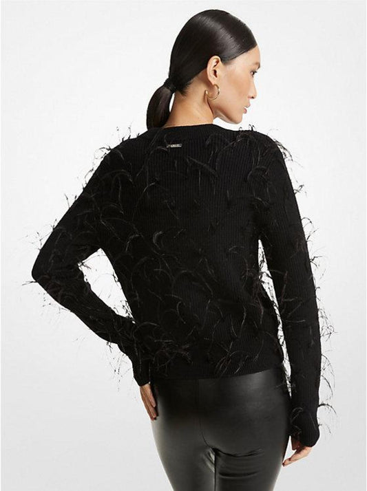 Feather Embellished Merino Wool Blend Cropped Sweater