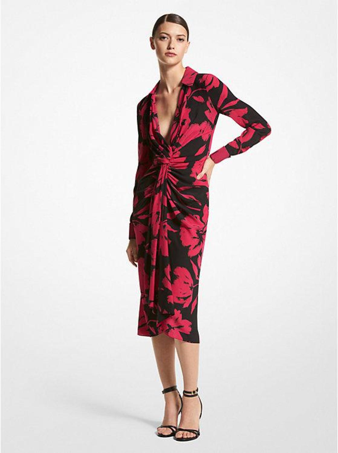 Brushstroke Floral Silk Crepe De Chine Plunge Shirtdress