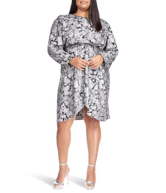 Plus Size Foil Paisley Long Sleeve Flounce Dress