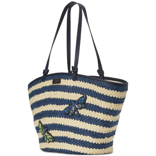 Shore Thing Dragonfly Embellished Striped Straw Large Tote