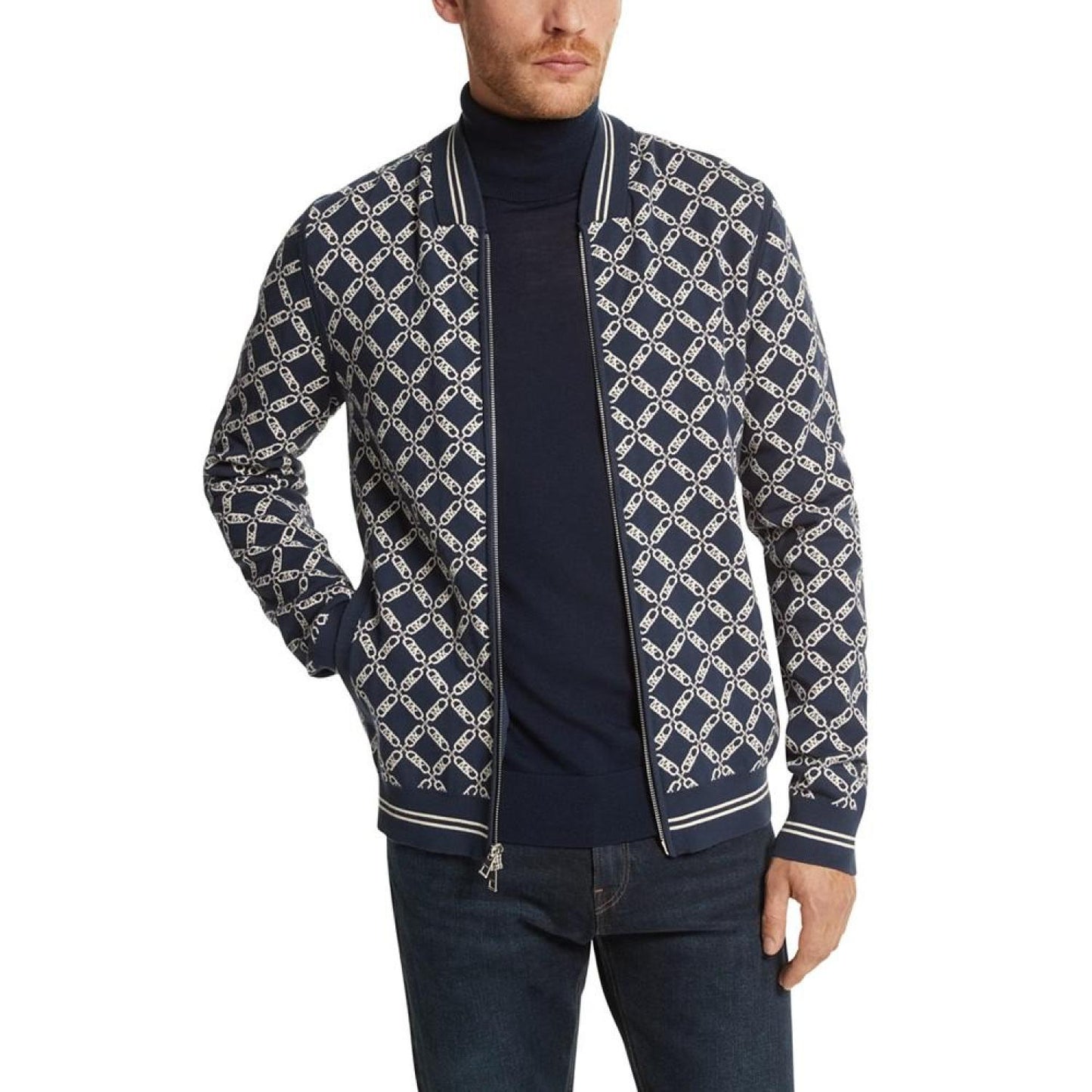 Men's Empire Modern-Fit Intarsia Knit Full-Zip Bomber Cardigan