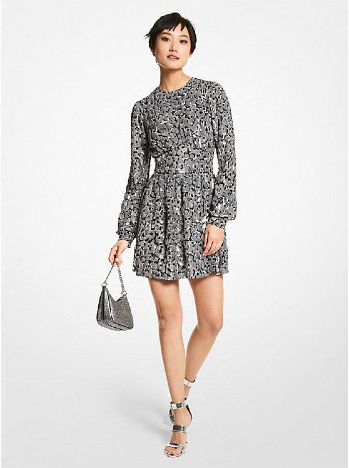 Sequined Leopard Print Georgette Dress