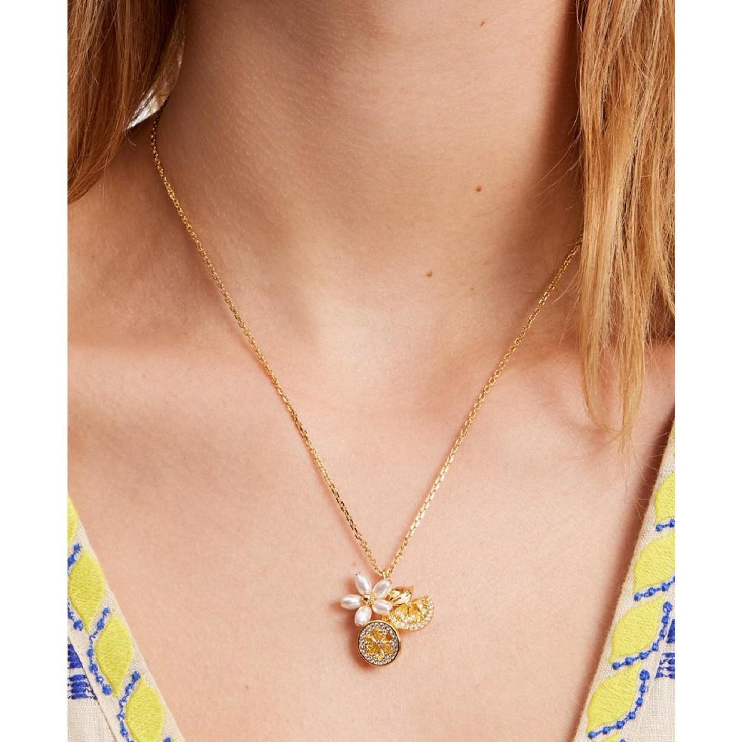 Gold-Tone Mixed Stone Flower & Lemon Multi-Charm Pendant Necklace, 16" + 3" extender