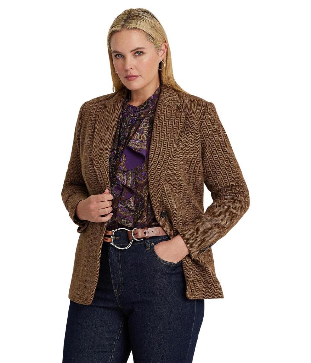 Plus-Size Wool-Blend Herringbone Blazer