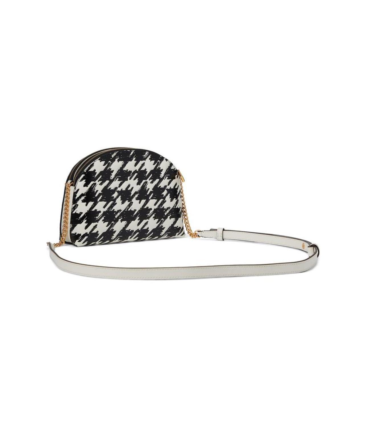 Morgan Painterly Houndstooth Embossed Saffiano Leather Double Zip Dome Crossbody