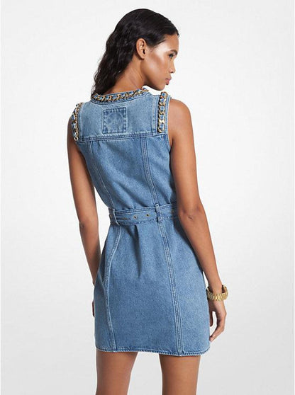 Chain-Link Denim Belted Dress