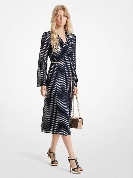 Polka Dot Georgette Tie-Neck Midi Dress