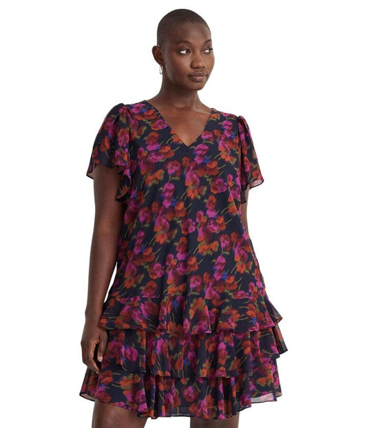 Plus Size Floral Georgette Drop-Waist Dress