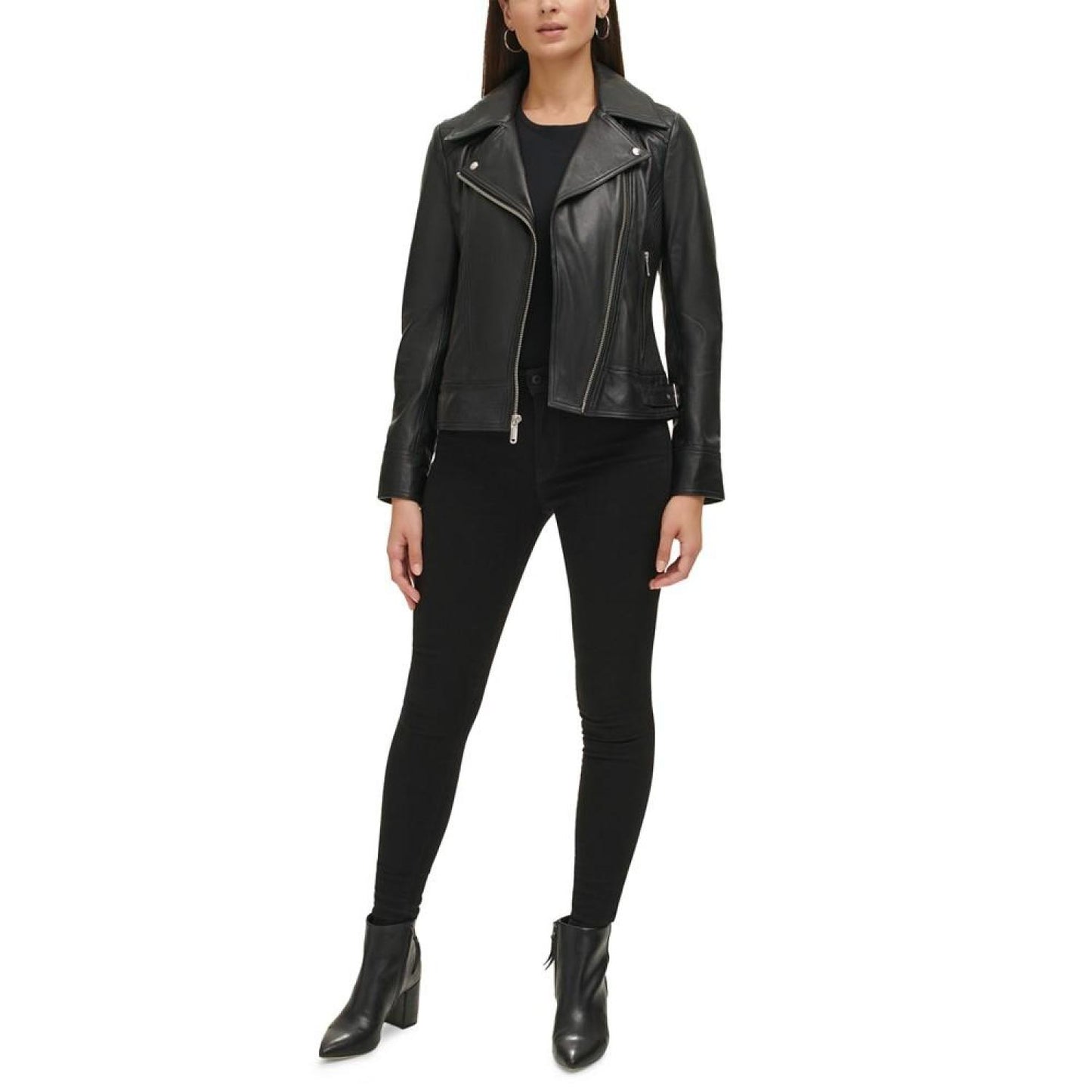 Women's Petite Quilted-Sleeve Leather Moto Coat, Created for Macy's