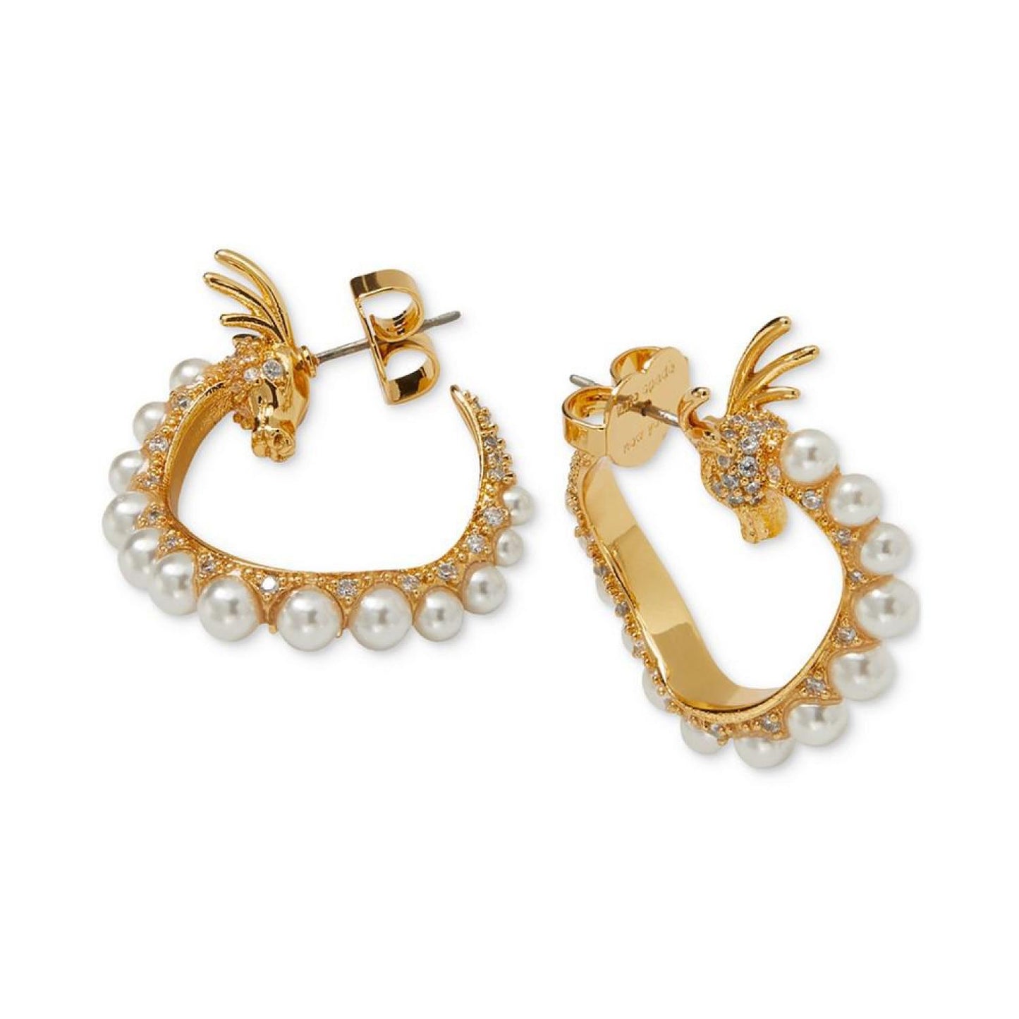 Gold-Tone Medium Pavé & Imitation Pearl Dragon Hoop Earrings, 1.18"