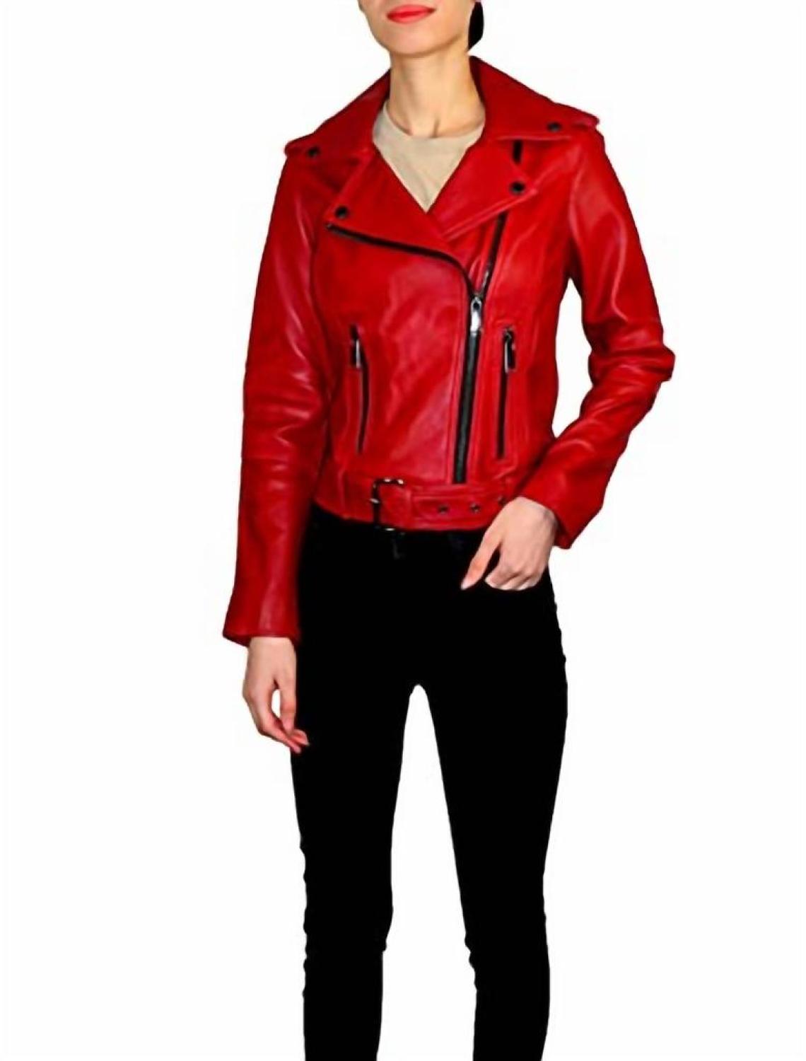 Moto Belted Zip Up Leather Jacket In Scarlet