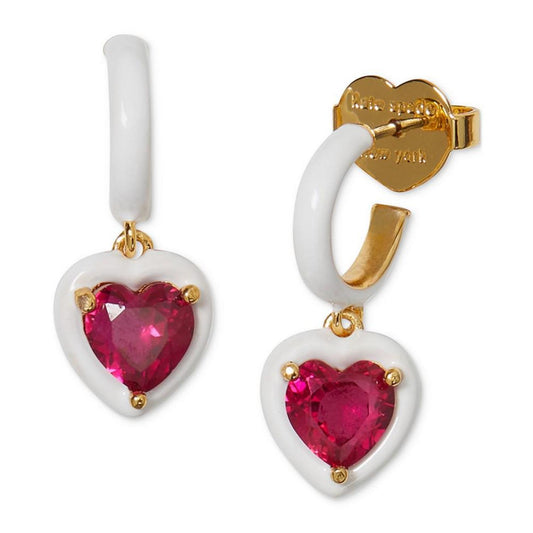 Gold-Tone White-Framed Red Crystal Heart Charm Huggie Hoop Earrings