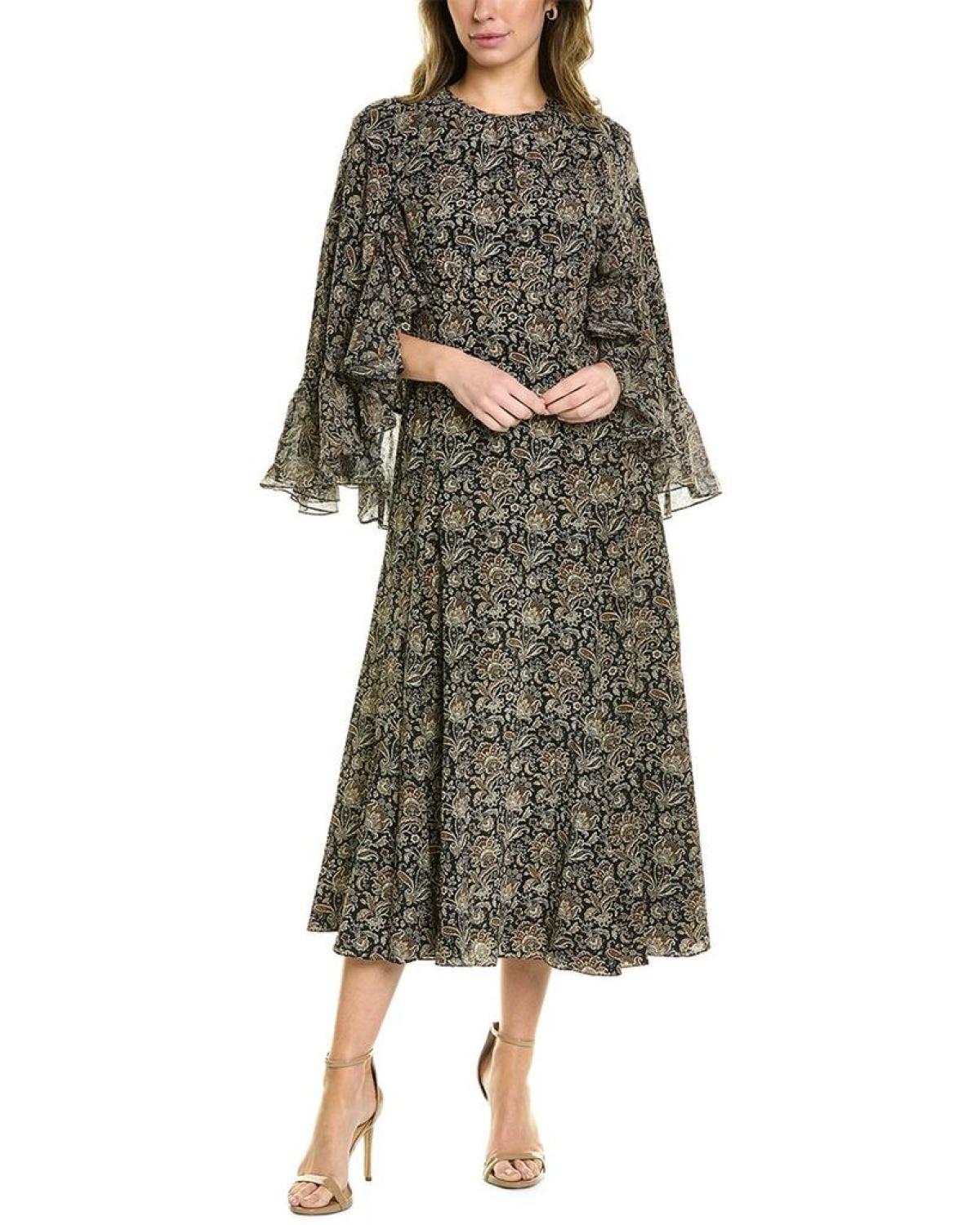 Michael Kors Floral Ruffle Silk Cape Dress