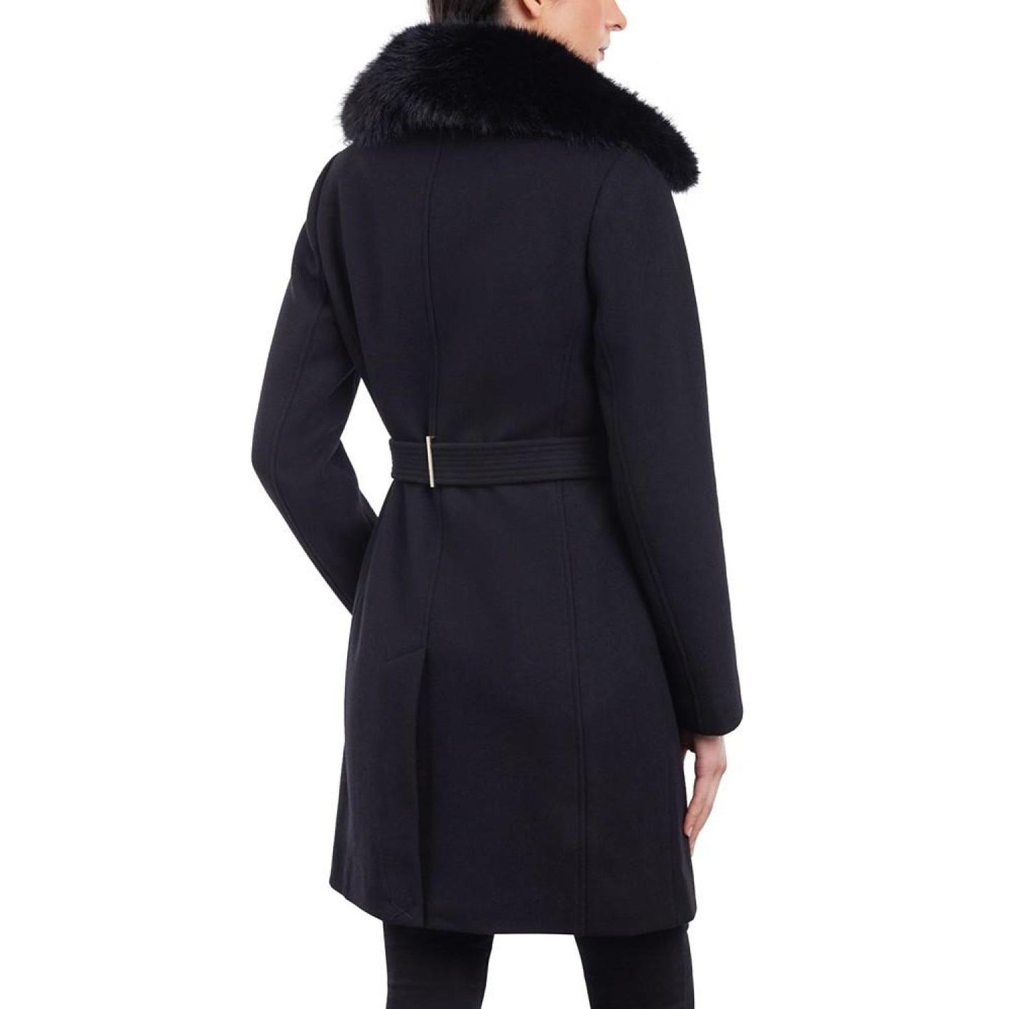 Women's Petite Belted Faux-Fur-Collar Coat