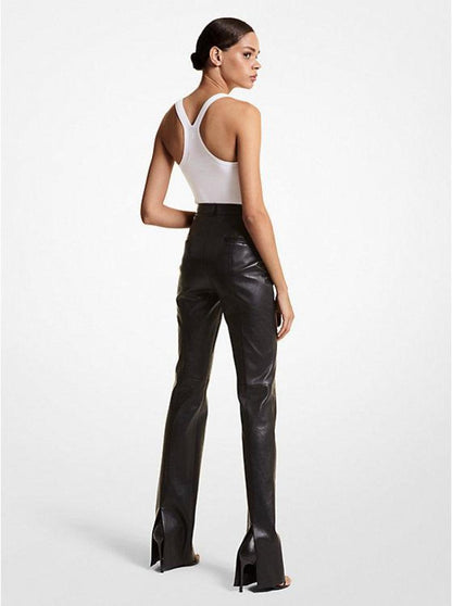 Yasmeen Plongé Leather Split-Cuff Belted Trousers