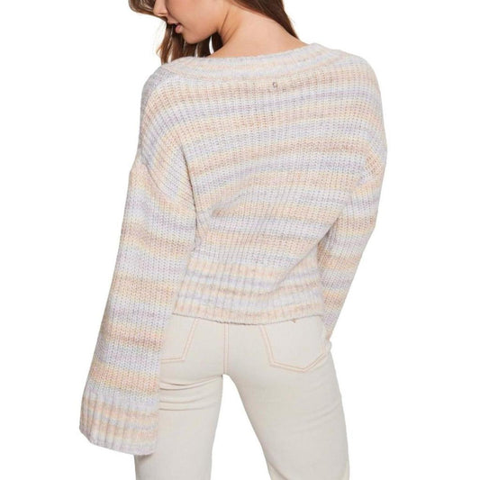 Womens Shaker Knit Striped V-Neck Sweater