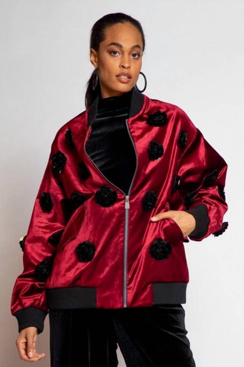 Velvet Floral Embroidered Bomber Jacket In Burgundy