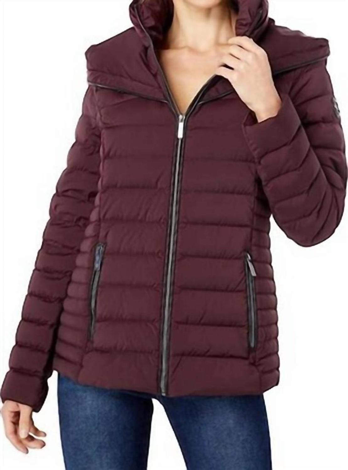 Down Fill With Bib Short Full Zip Puffer Jacket In Burgundy