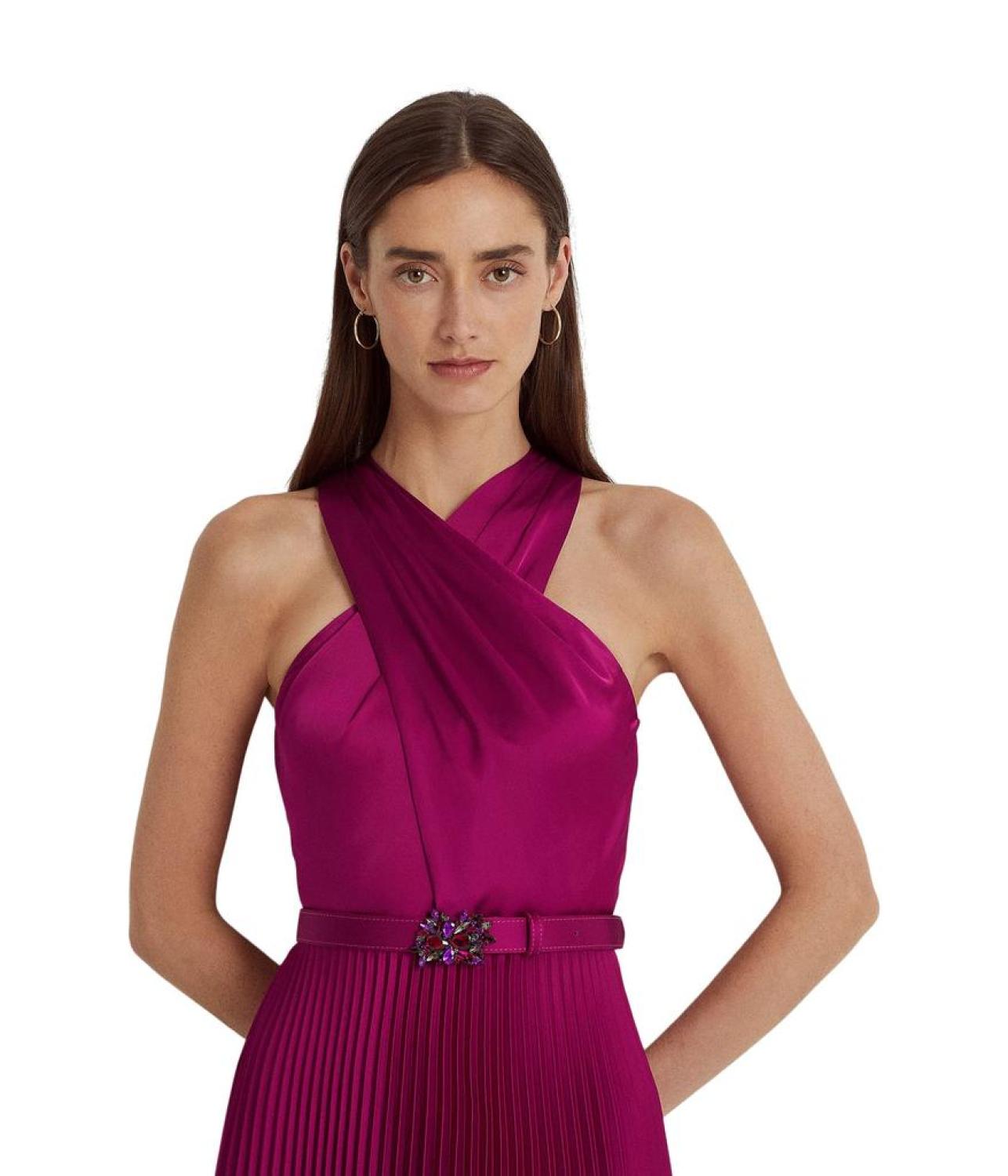 Belted Charmeuse Halter Cocktail Dress