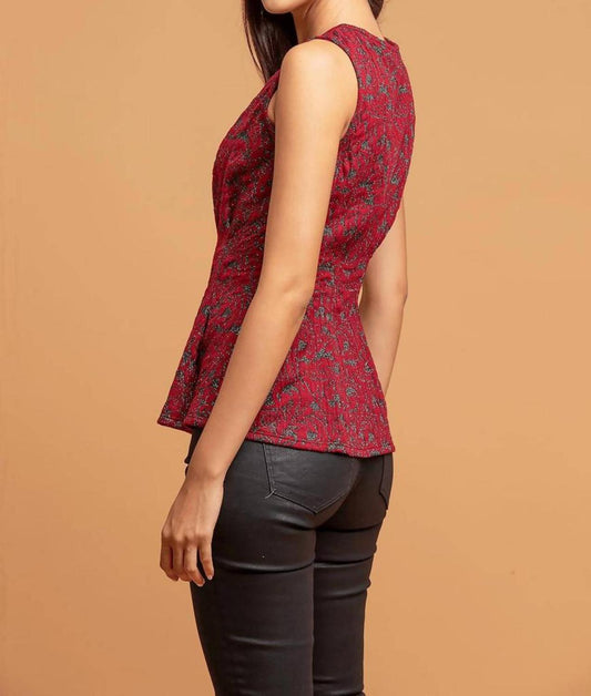 Metallic Peplum Top In Burgundymotif