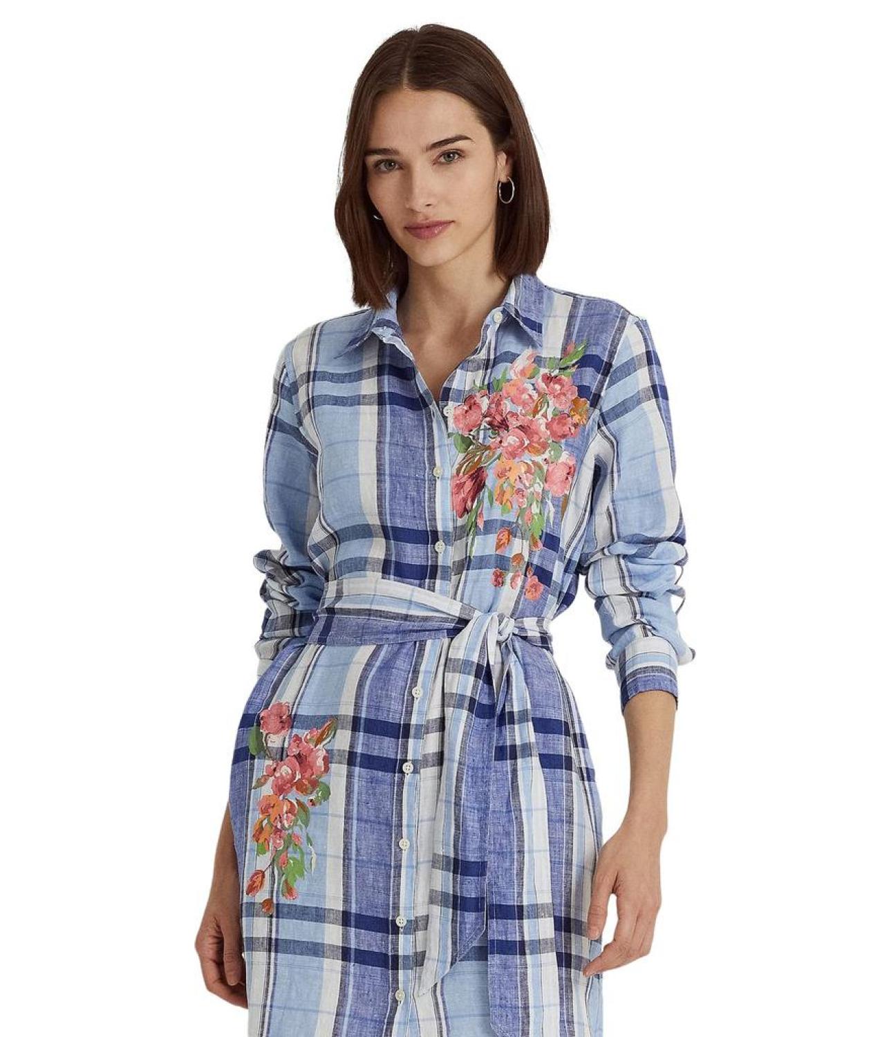 Petite Floral & Plaid Linen Shirtdress