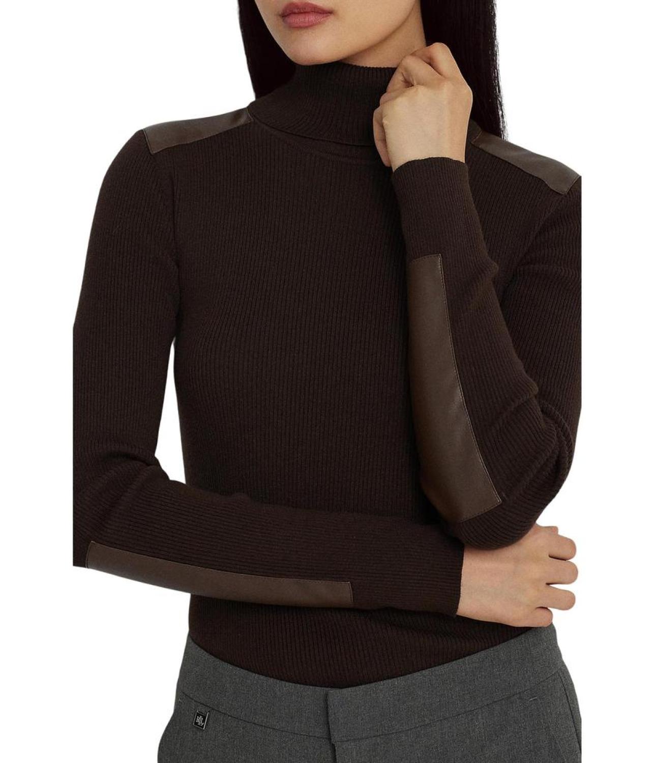 Faux Leather-Trim Ribbed Turtleneck