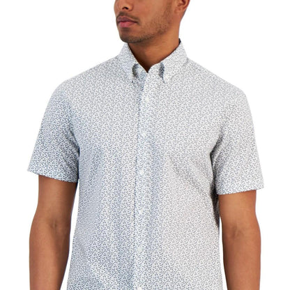 Men's Modern-Fit Stretch Broken Geometric Floral-Print Button-Down Shirt