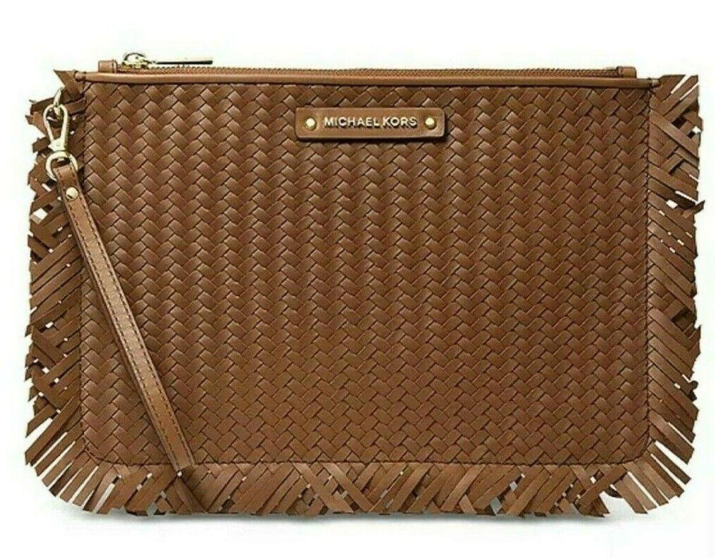 Michael Kors Jet Set Woven Leather Large Zi ouch Clutch Wristlet&Gift Box