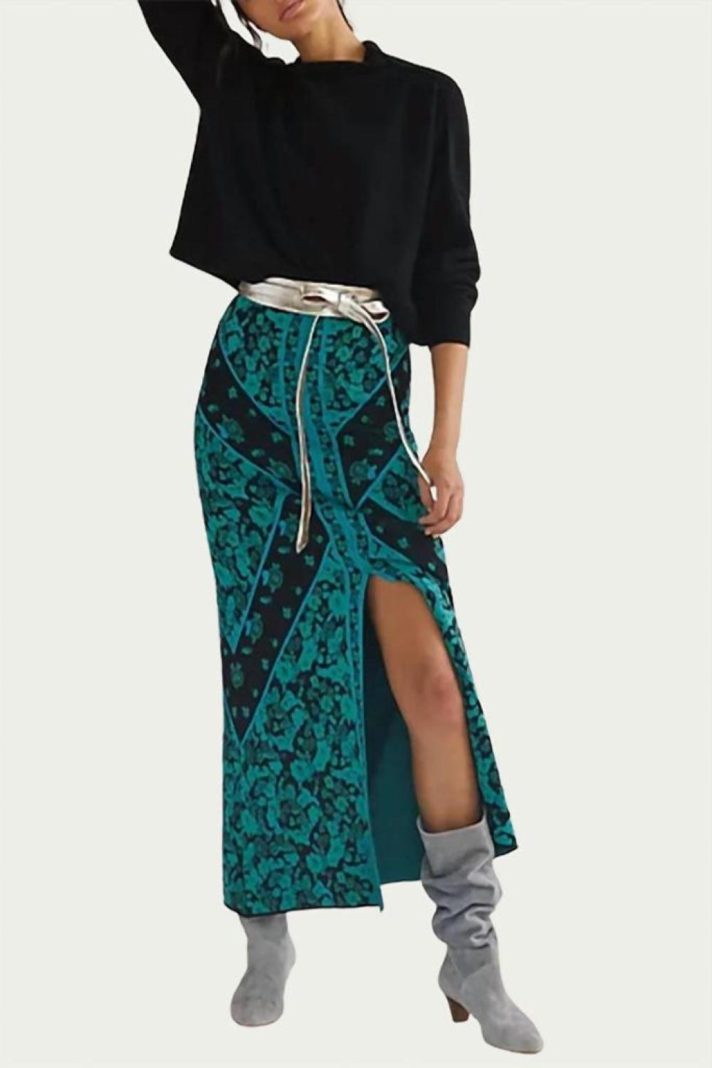 Floral Knit Midi Skirt In Green