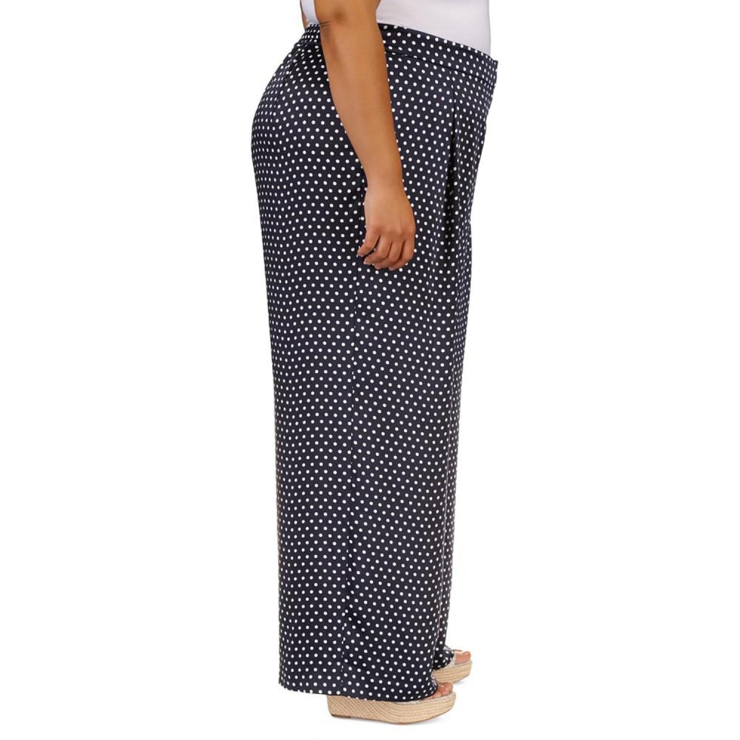 Plus Size Dot-Print Pleat-Front Wide-Leg Satin Pants