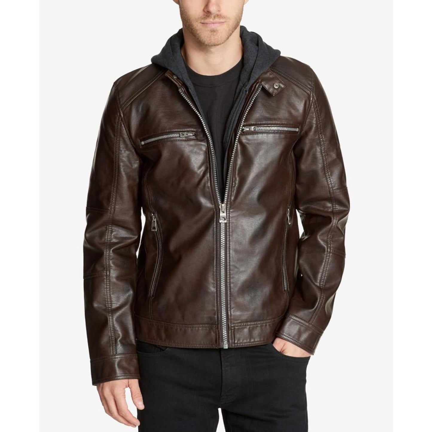 Men's Faux-Leather Detachable-Hood Motorcycle Jacket