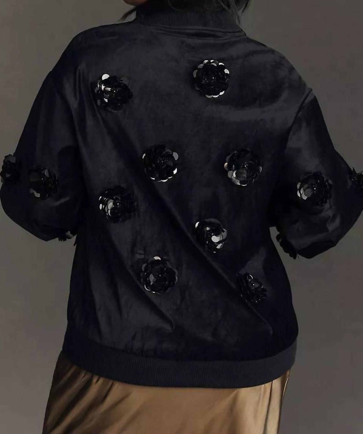 Velvet Floral Embroidered Bomber Jacket In Balck