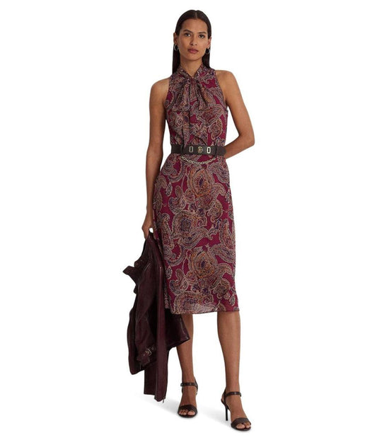 Paisley Crinkle Georgette Tie-Neck Dress