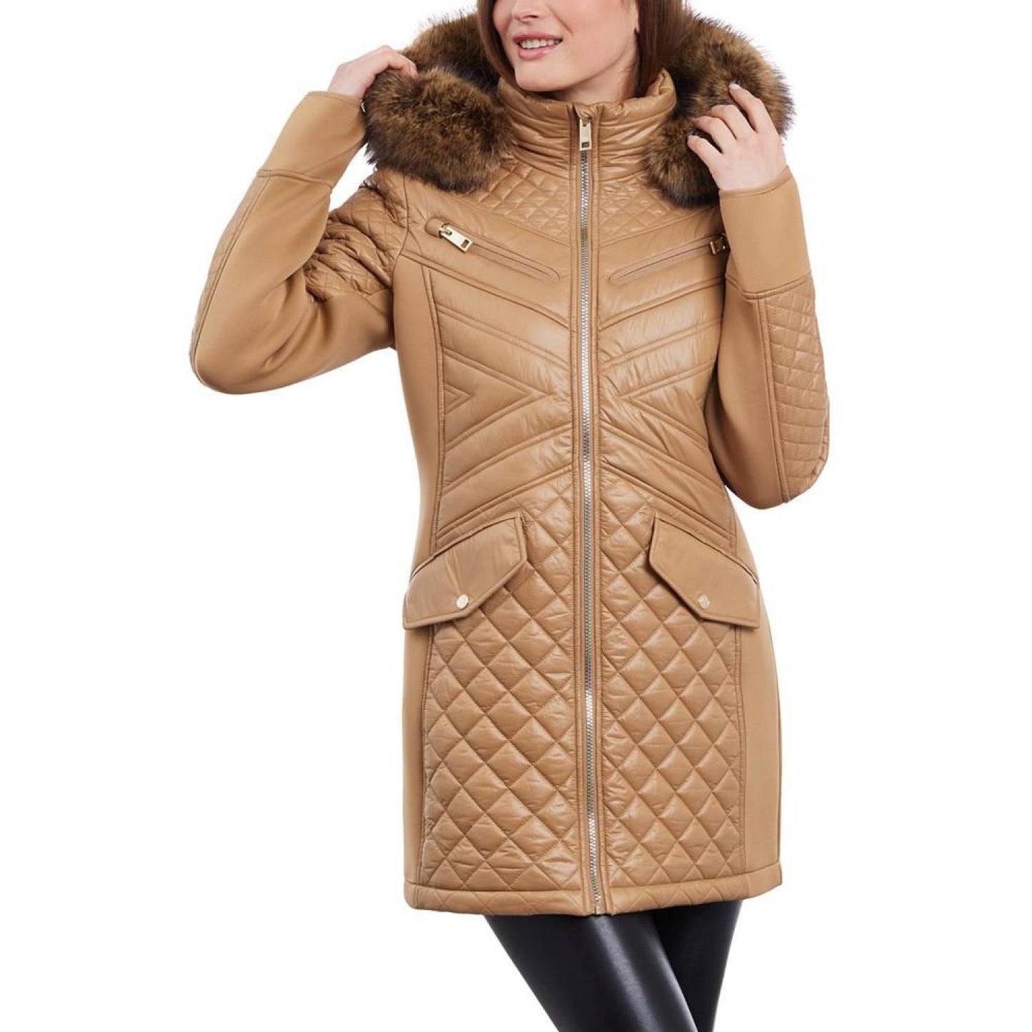 Women's Petite Faux-Fur-Trim Hooded Quilted Coat