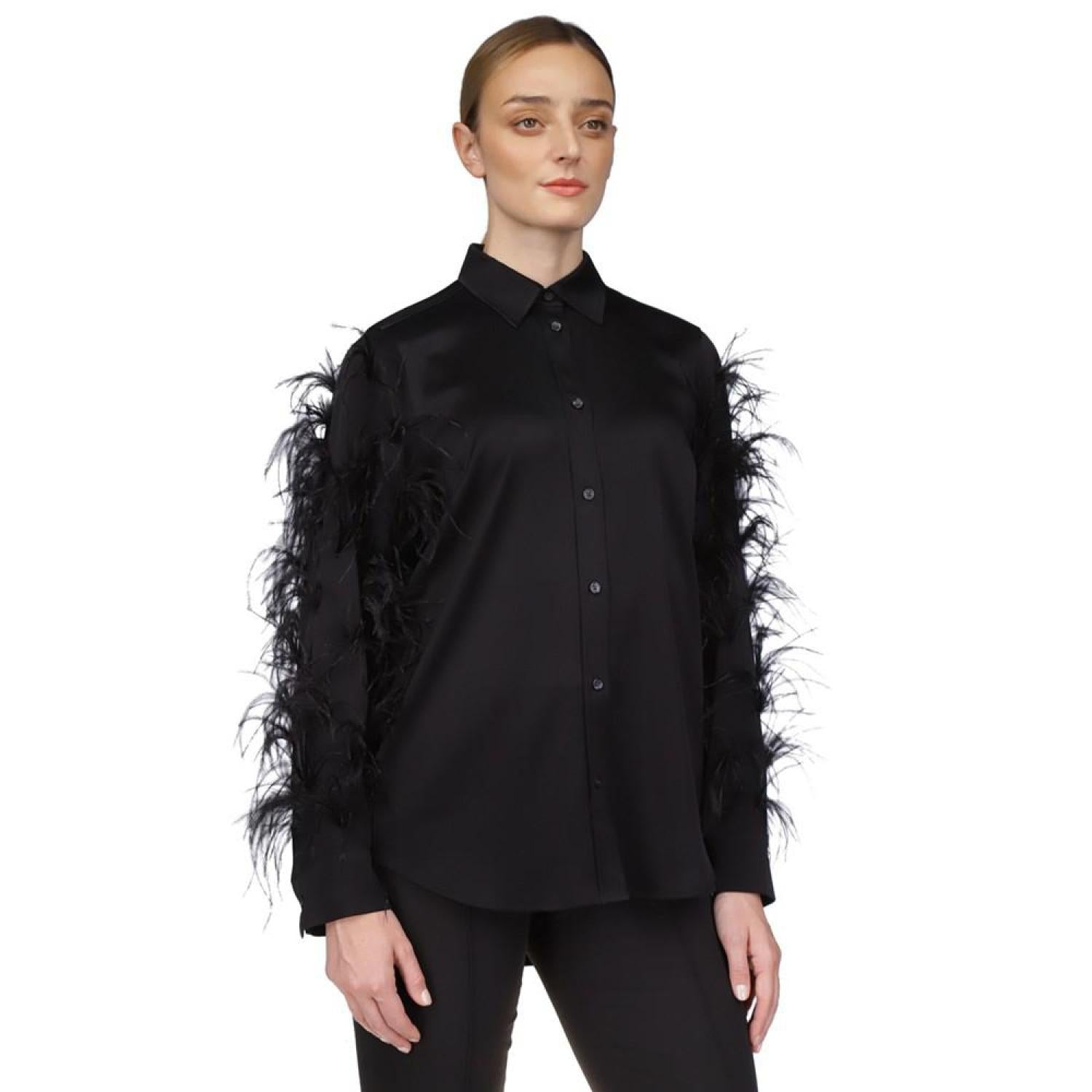 Feather Trim Satin Blouse