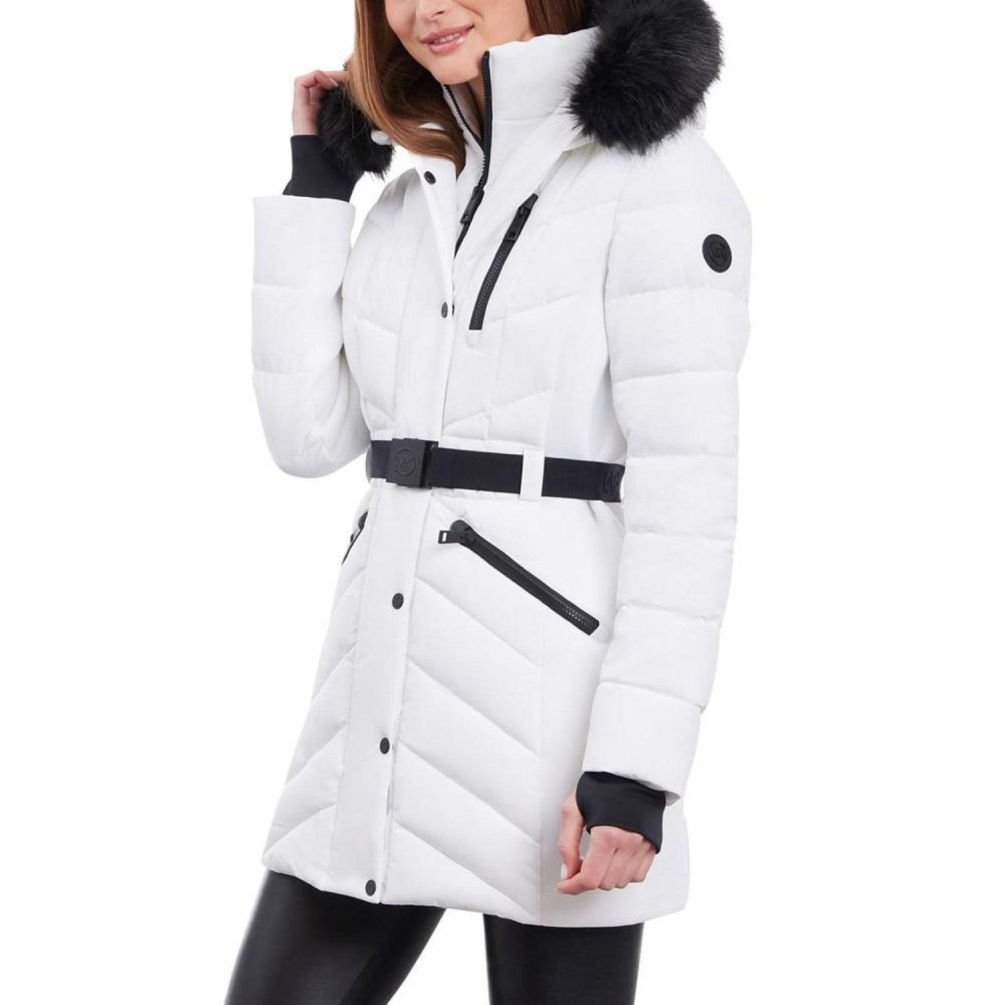 Women's Belted Faux-Fur-Trim Hooded Puffer Coat