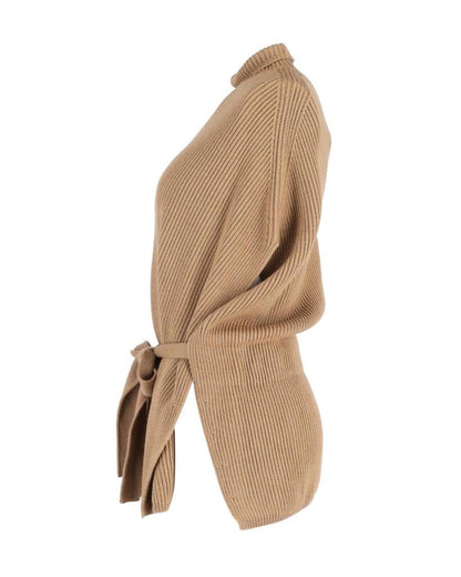 Max Mara Ribbed Sleeveless Sweater with Belt in Beige Wool